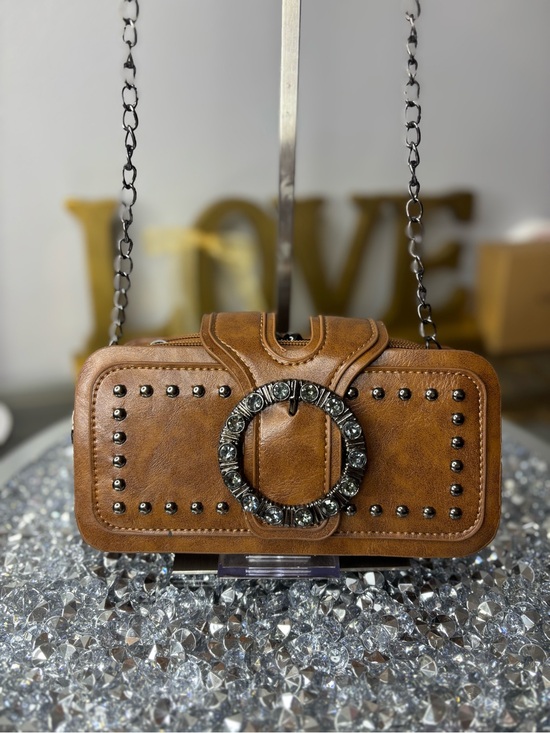 Handbags - Rhinestone buckle Studded Brown Leather Crossbody NWOT